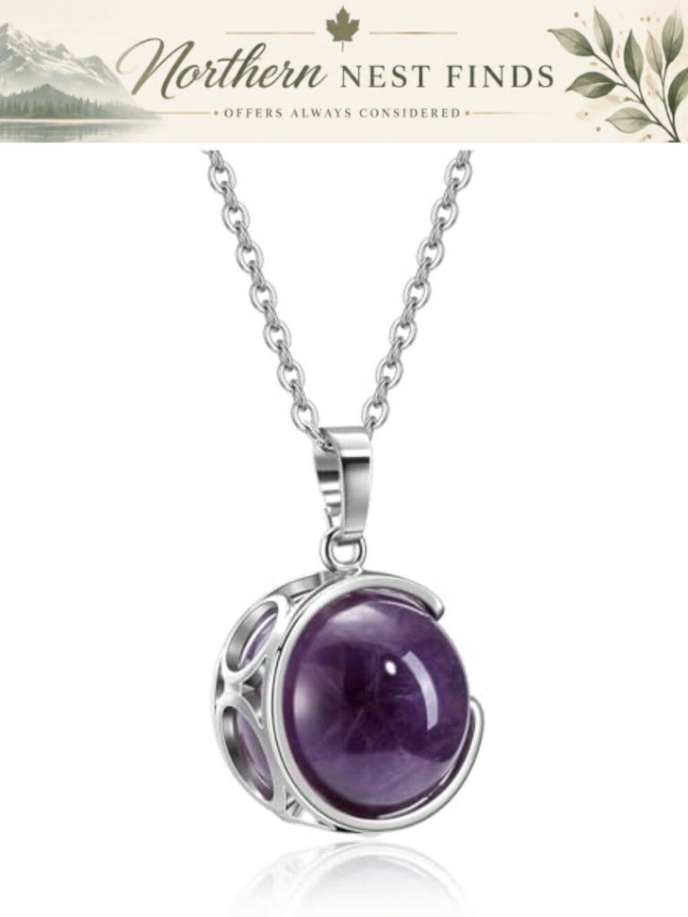 Amethyst Crystal Pendant Necklace Natural Gemstone Rotating Ball Healing Jewelry